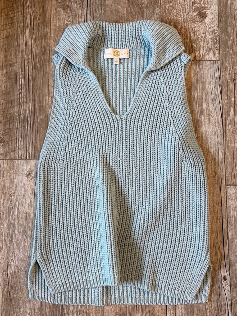 Anna Cate icy blue ribbed chunky knit sleeveless collared sweater Sz L